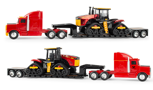 1:64 scale Versatile 580DT DeltaTrak model tractor on a semi-tractor trailer